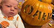 Oakley joined the competition — help win amazing prizes! autumn, baby, carved_pumpkin, celebration, clothing, costume, cute, face, festive, food, guts, halloween, holiday, indoors, infant, orange, person, portrait, pumpkin, table