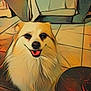 animal, blanket, canine, couch, cozy, cute, dog, floor, fluffy, fur, happy, home, indoor, living_room, pet, portrait, sitting, smiling, stuffed_toy, tile_floor