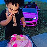birthday_cake, black_clothing, butterfly, cake_candle, celebration, child, cute, evening, grass, happy, heart_shaped, outdoor, party, person, pink, ribbon, table, toddler, toy_car, young_child