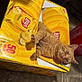 animal, cardboard_box, cat, cozy, cute, domestic_cat, floor, funny, household, indoor, lay's_box, orange_cat, paws, pet, potato_chips, relaxed, sleepy_cat, tabby_cat, tile_floor, yellow_box