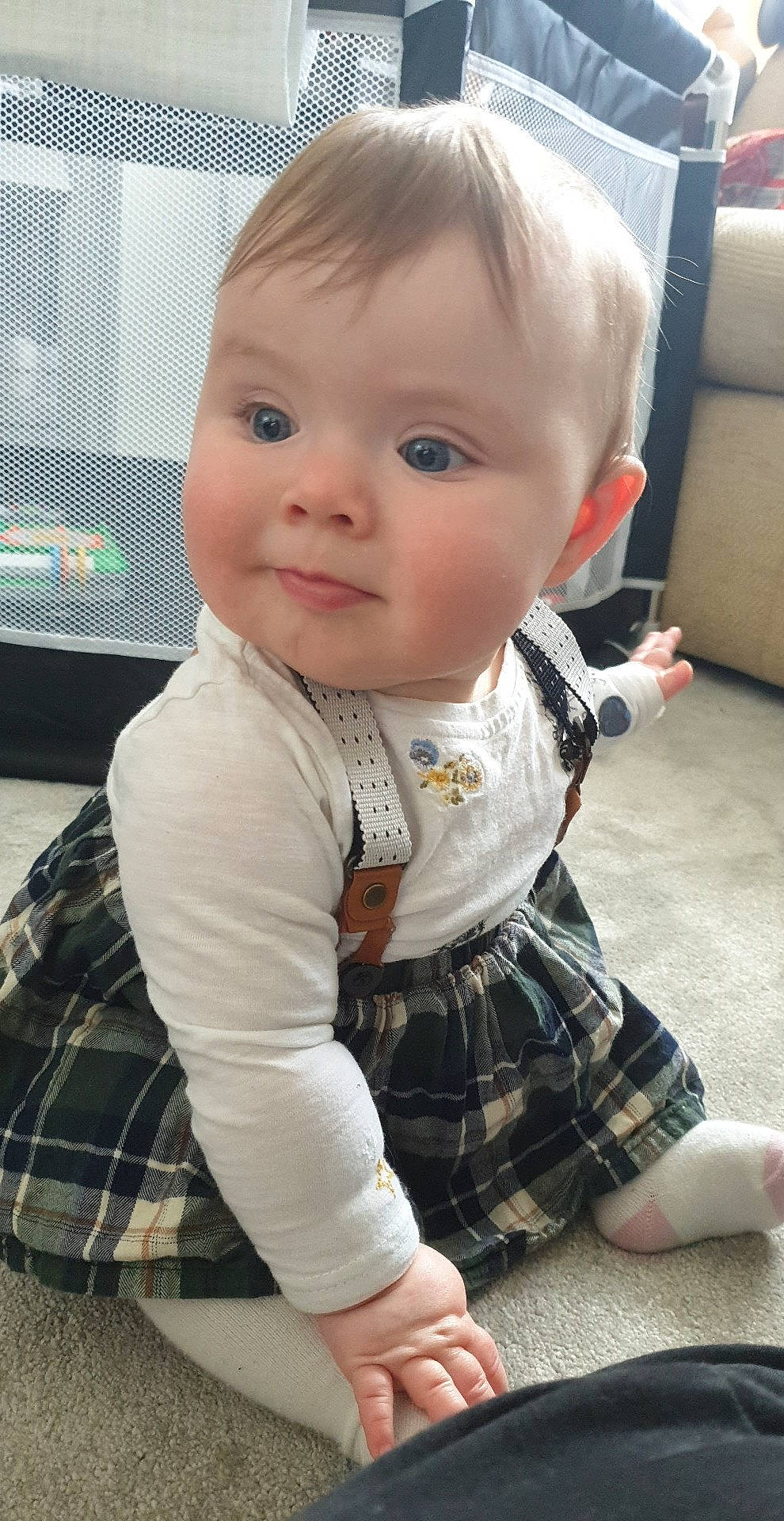 Elora joined the competition — help win amazing prizes! baby, baby_toddler_clothing, cheek, child, comfort, eye, floor, flooring, head, iris, lip, nose, pattern, person, plaid, skin, sleeve, smile, tartan, textile