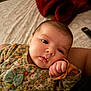 Linda participe au concours pour gagner de l'argent avec cette photo : baby, bed, blanket, bow, closeup, clothing, cozy, cute, face, floral_pattern, hand, indoors, infant, person, portrait, remote_control, resting, sleepy, soft_lighting, warm