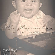 Prosper joined the competition — help win amazing prizes! baby, child, high_chair, smiling, clapping, sepia, portrait, indoor, person, cute, happy, face, infant, expression, clothing, table, time, text_overlay, motivation, positive