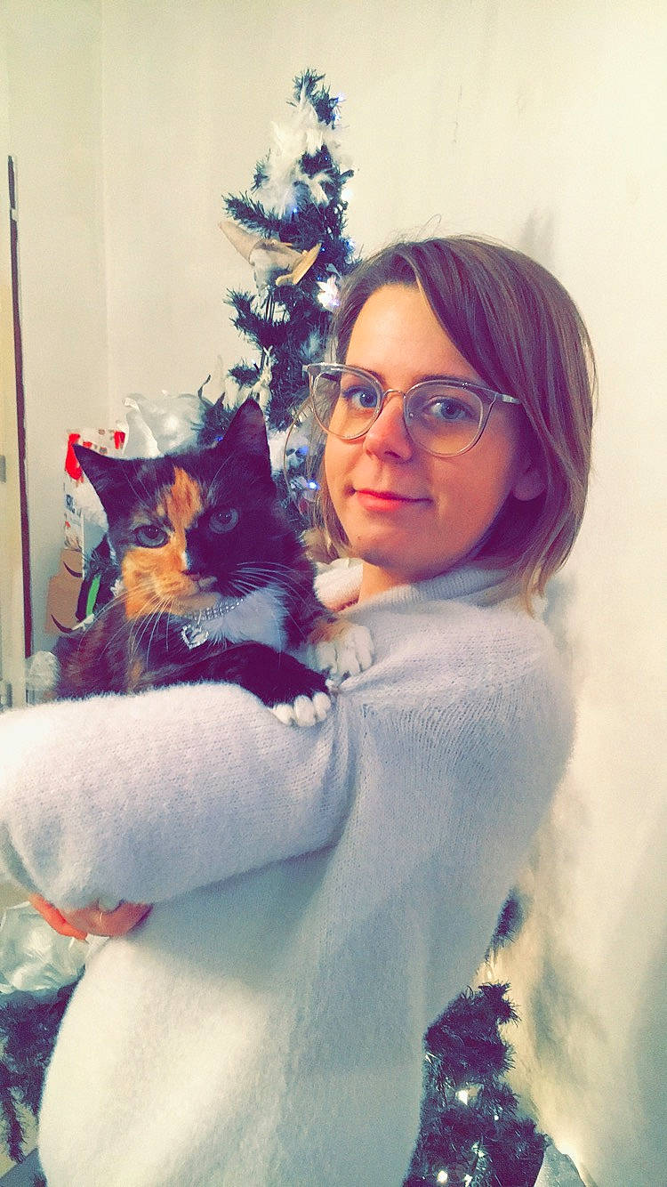 Chanelle participe au concours pour gagner de l'argent avec cette photo : brown_hair, cat, christmas, christmas_eve, christmas_tree, ear, fawn, felidae, fur, glasses, head, interior_design, kitten, lilac, long_hair, purple, skin, small_to_medium_sized_cats, whiskers, winter
