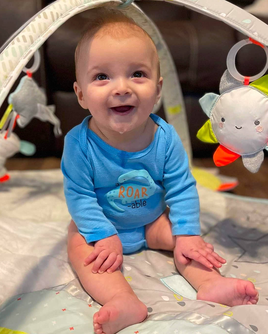 Carson joined the competition — help win amazing prizes! baby, baby_toddler_clothing, cheek, child, eye, face, facial_expression, finger, fun, happy, head, joy, mouth, organ, person, product, skin, sleeve, smile, textile