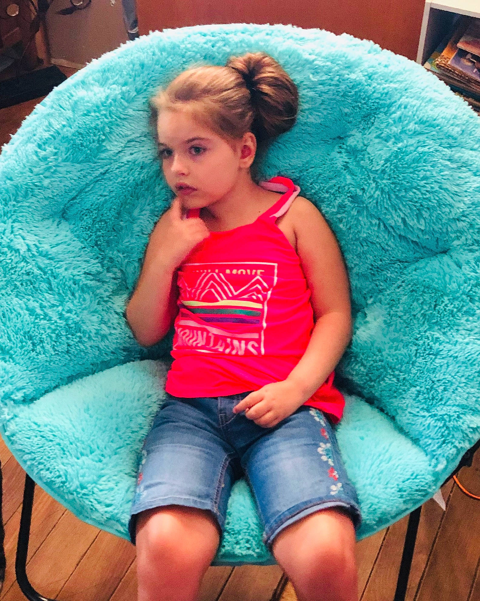 Michaela joined the competition — help win amazing prizes! beauty, blue, child, child_model, denim, leg, leisure, lip, long_hair, magenta, nose, person, photography, pink, shorts, sitting, teal, thigh, turquoise, vacation