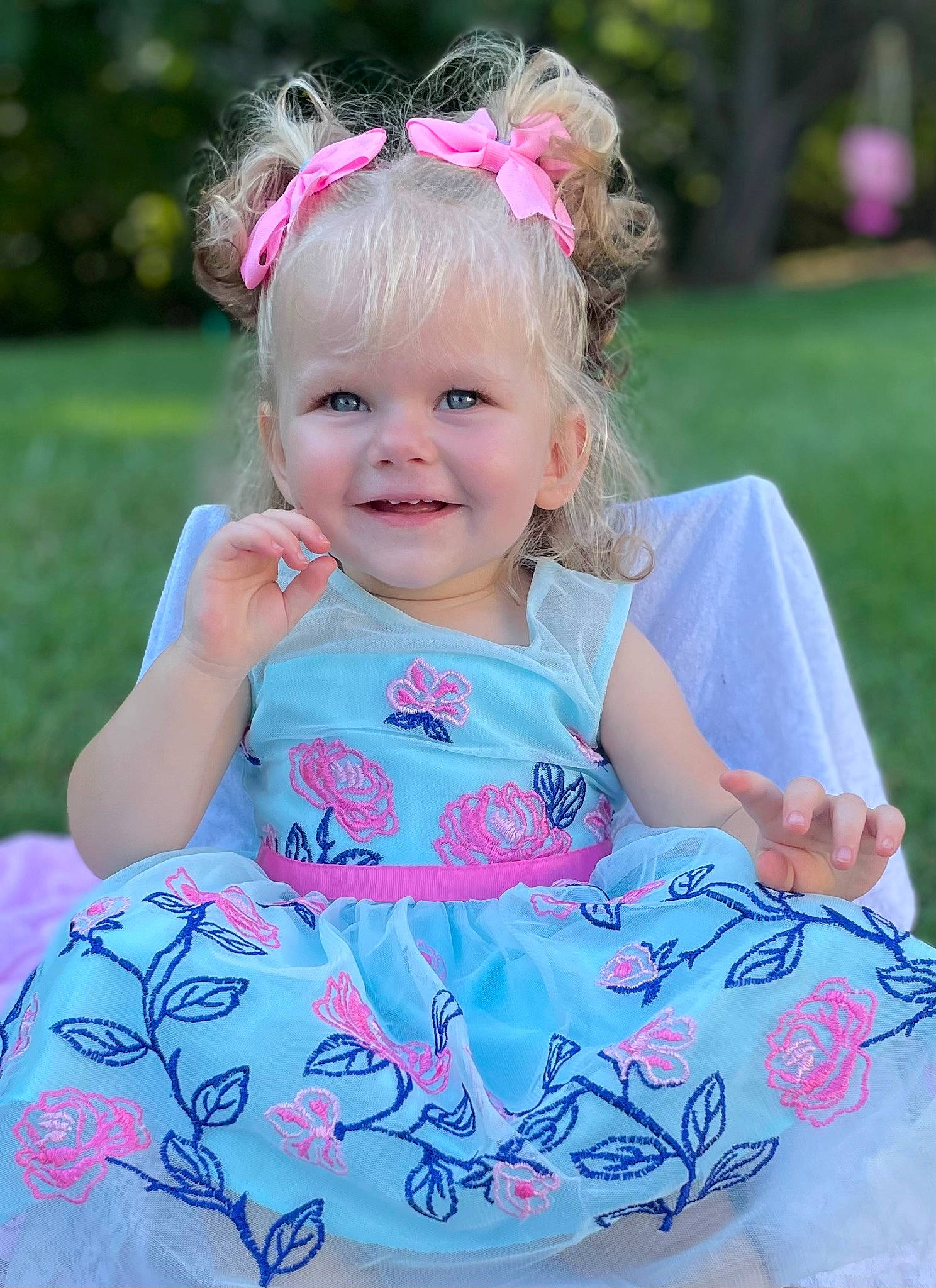 Aleeyah is registered to the contest to win money with this photo: aqua, baby_toddler_clothing, child, day_dress, dress, facial_expression, fun, grass, green, hairstyle, happy, joy, magenta, people, person, pink, plant, purple, smile, summer