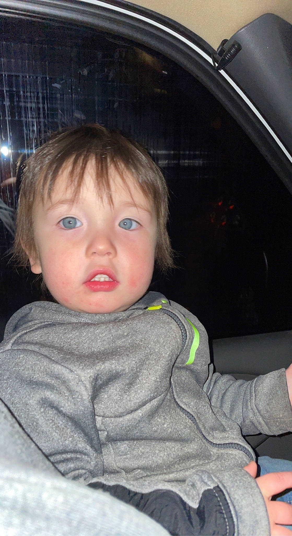 Camden is registered to the contest to win money with this photo: baby_toddler_clothing, cheek, chin, comfort, cool, eye, eyebrow, eyelash, facial_expression, flash_photography, forehead, fun, hairstyle, iris, lip, nose, outerwear, person, skin, sleeve