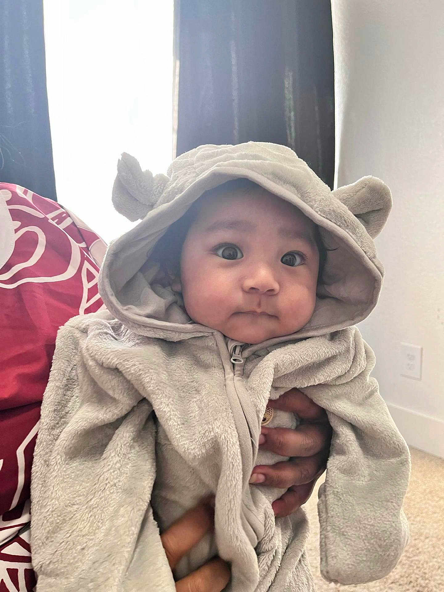 Mercellus Hendson is registered to the contest to win money with this photo: baby, child, hoodie, cozy_clothing, fuzzy, ears, face, hands, indoor, portrait, curious, wide_eyes, chubby_cheeks, person, soft_lighting, window, carpet, neutral_wall, cute, warm