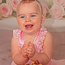 Bonnie-Rae joined the competition — help win amazing prizes! baby, child, smiling, birthday, crown, pink, dress, teddy_bear, party_hat, clapping, blue_eyes, frilly, cute, celebration, portrait, happy, indoor, flower_background, first_birthday, baby_girl