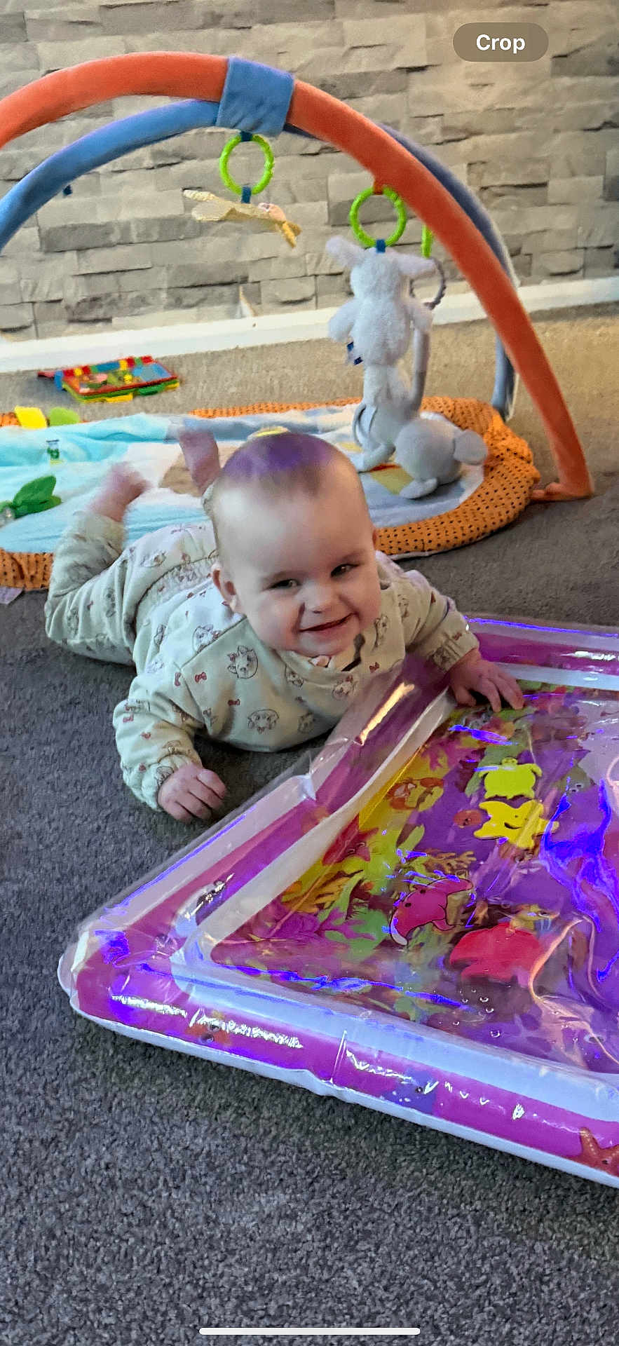 Bonnie-Rae is registered to the contest to win money with this photo: activity_gym, baby, carpet, child, clothing, colorful, crawling, cute, floor, happy, indoor, infant, play, playmat, portrait, room, smiling, soft_toy, toy, young_child