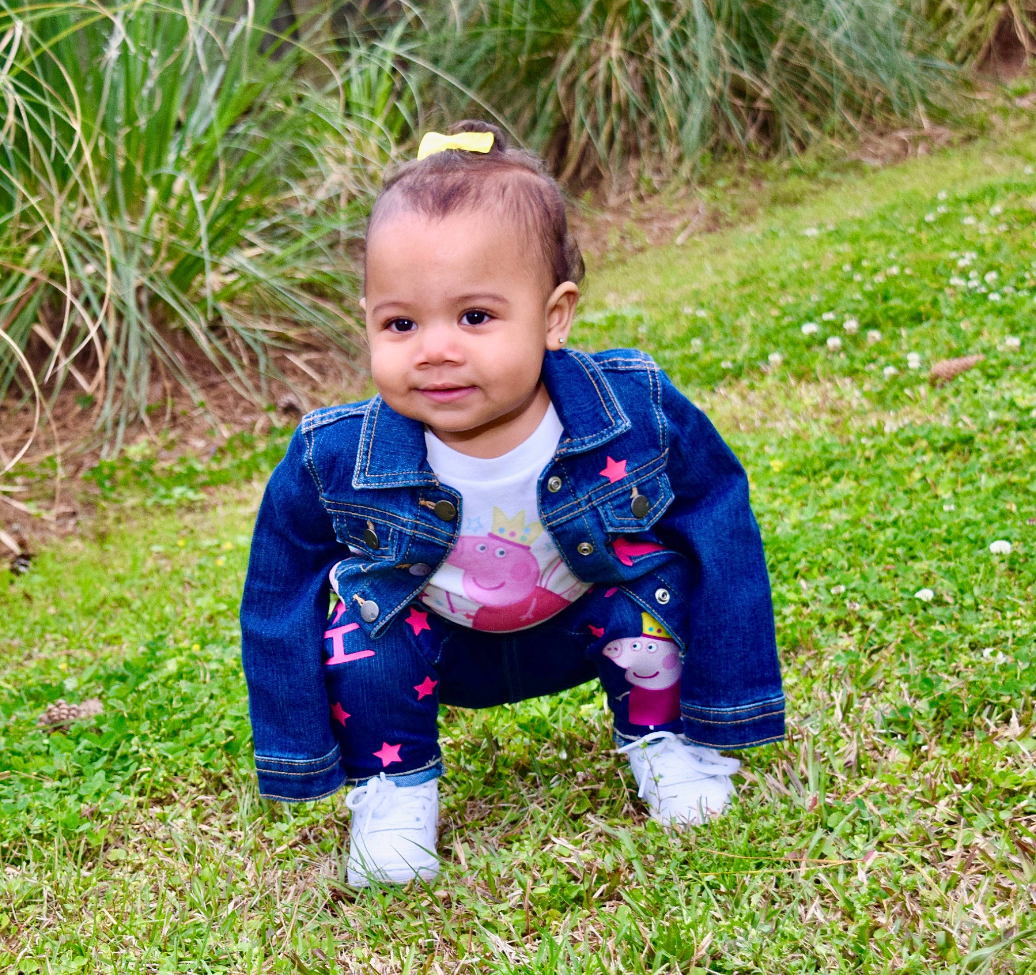 Eliyanah is registered to the contest to win money with this photo: baby, baby_toddler_clothing, electric_blue, eye, grass, grass_family, grassland, happy, head, leaf, outerwear, pattern, people_in_nature, person, plant, recreation, sleeve, smile, soil, t_shirt