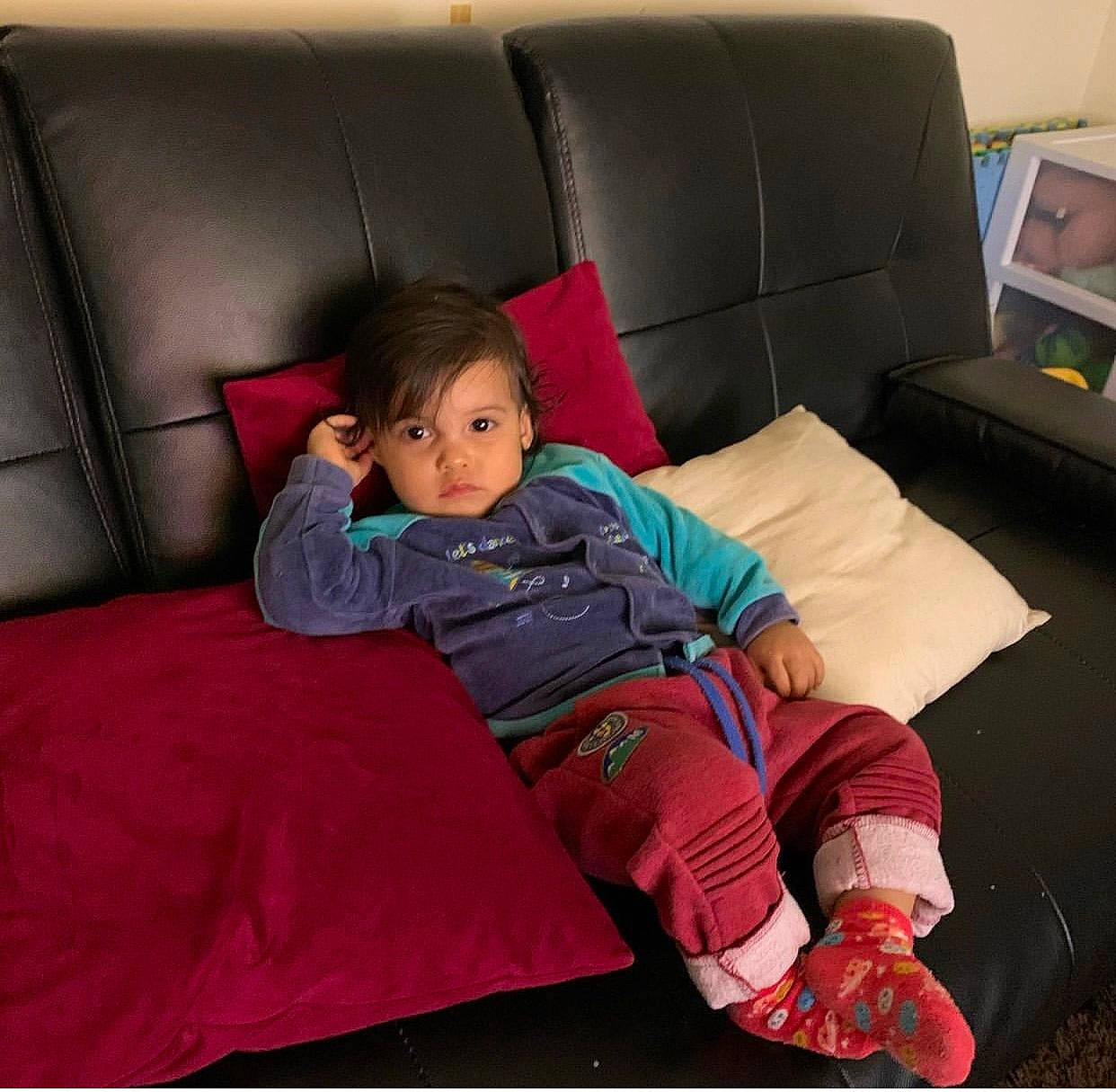 Jesus Aleajandro Martinez is registered to the contest to win money with this photo: baby_toddler_clothing, child, comfort, couch, flooring, knee, lap, leisure, linens, living_room, luxury_vehicle, magenta, person, pillow, room, sitting, slipcover, sock, sofa_bed, throw_pillow