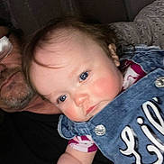 Gracie is registered to the contest to win money with this photo: baby, child, denim, clothing, blue_eyes, rosy_cheeks, face, person, man, glasses, beard, couch, cushion, indoor, portrait, close_up, curious, expression, patterned, lighting