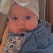 Luisa a rejoint le concours — aidez-le/la à gagner de superbes lots ! baby, infant, headband, bow, denim, overalls, blue_flower_shirt, cute, wide_eyes, child, portrait, soft_background, hand, close_up, apparel, fashion, young_child, indoor, person, face