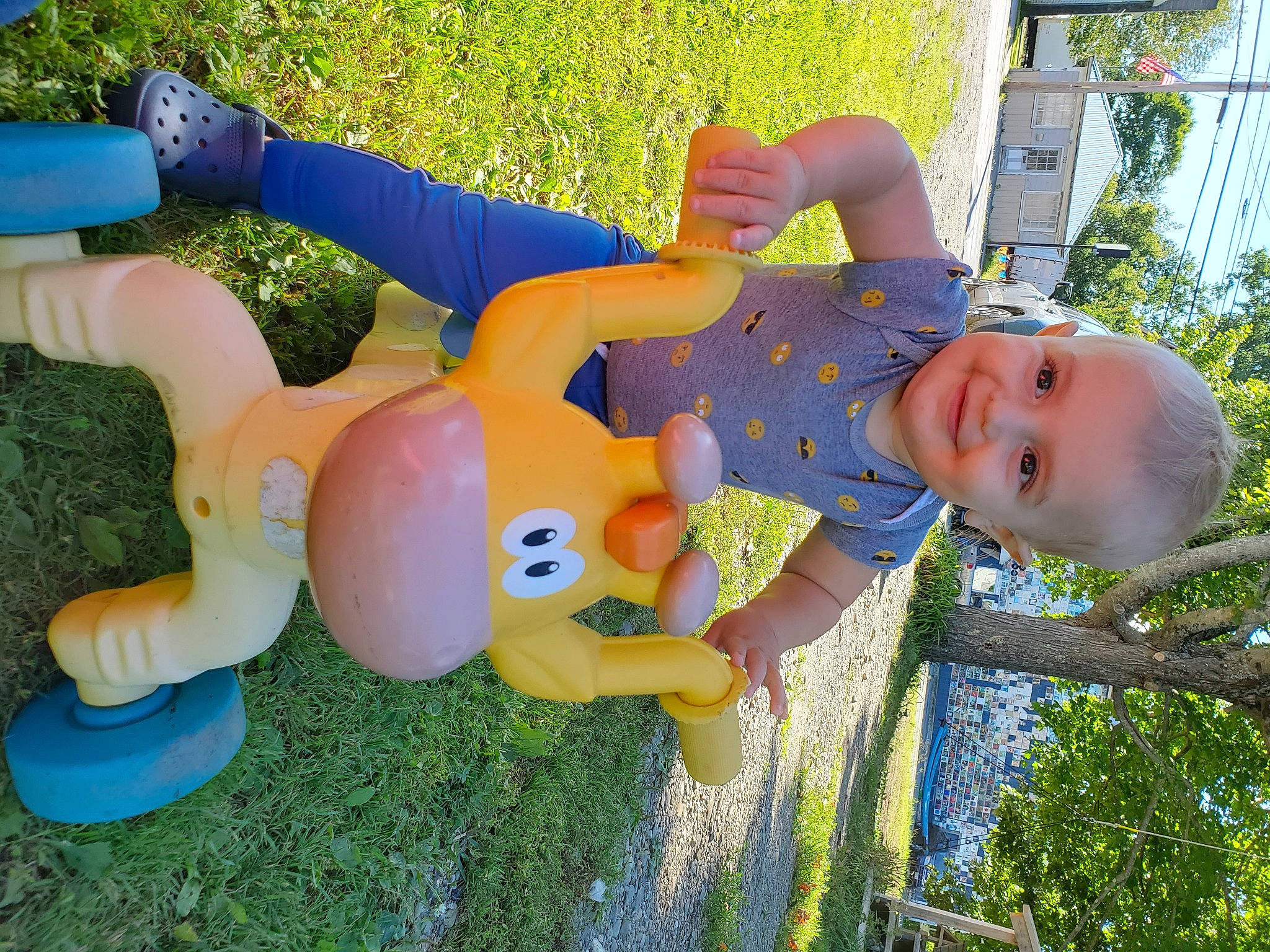 Landon is registered to the contest to win money with this photo: child, garden, grass, joy, person, play, toddler, toy