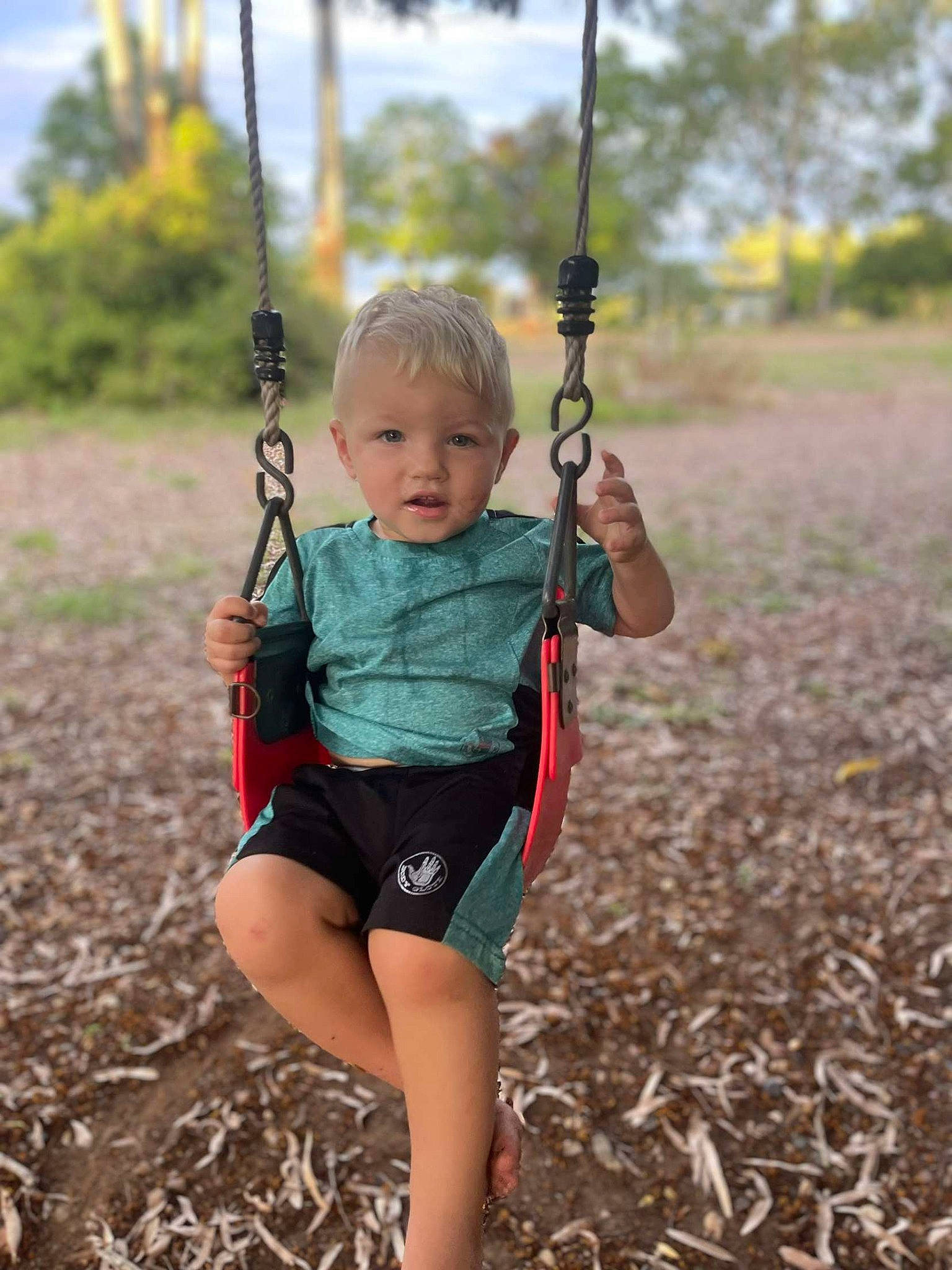 Huxley is registered to the contest to win money with this photo: child, electric_blue, face, fun, grass, happy, head, leisure, people_in_nature, person, plant, playground, recreation, sleeve, spring, standing, swing, t_shirt, toddler, tree