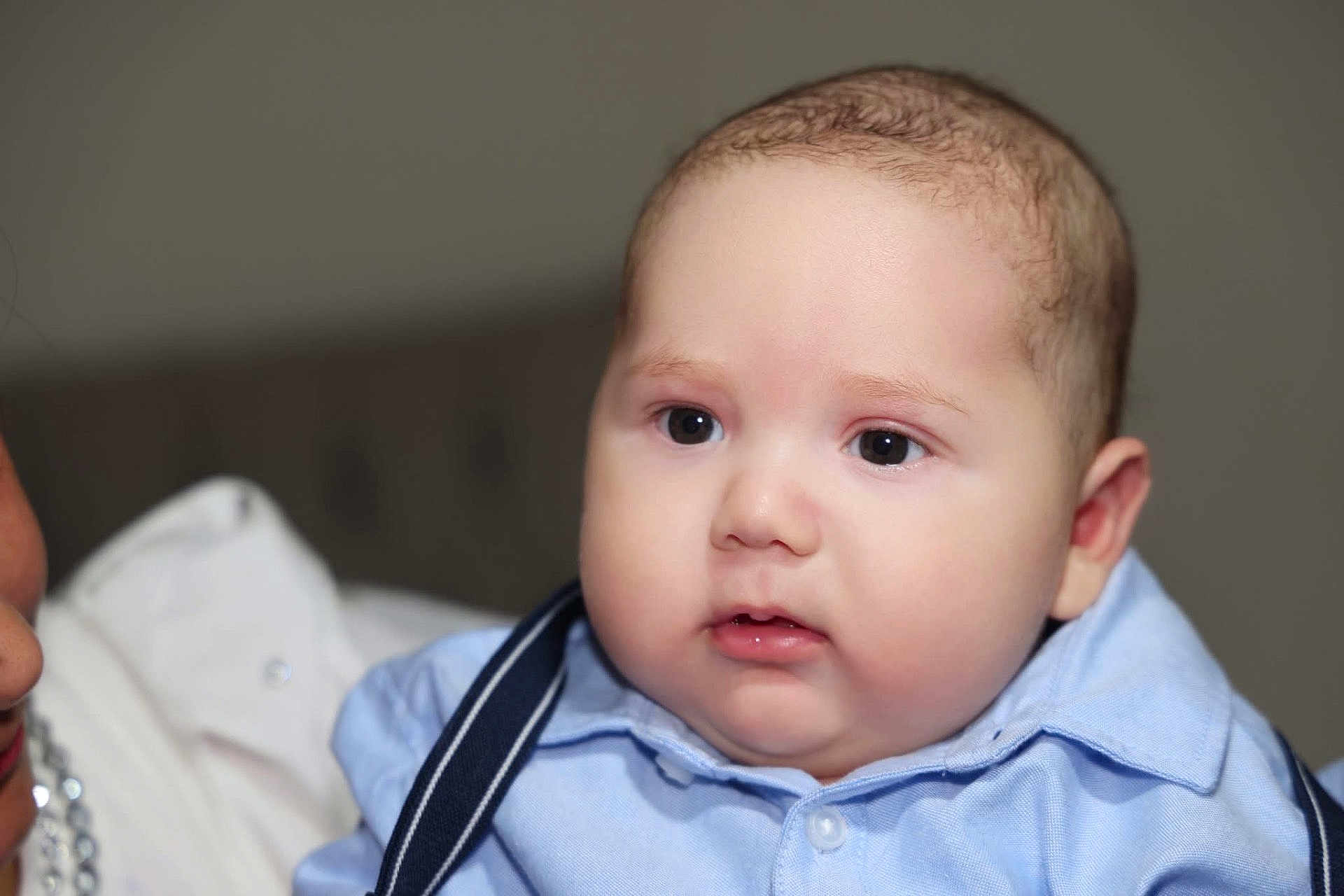 David Mihail joined the competition — help win amazing prizes! baby, child, face, portrait, blue_shirt, suspenders, cute, indoor, closeup, skin, expression, young, person, head, infant, eyes, cheeks, clothing, people, human