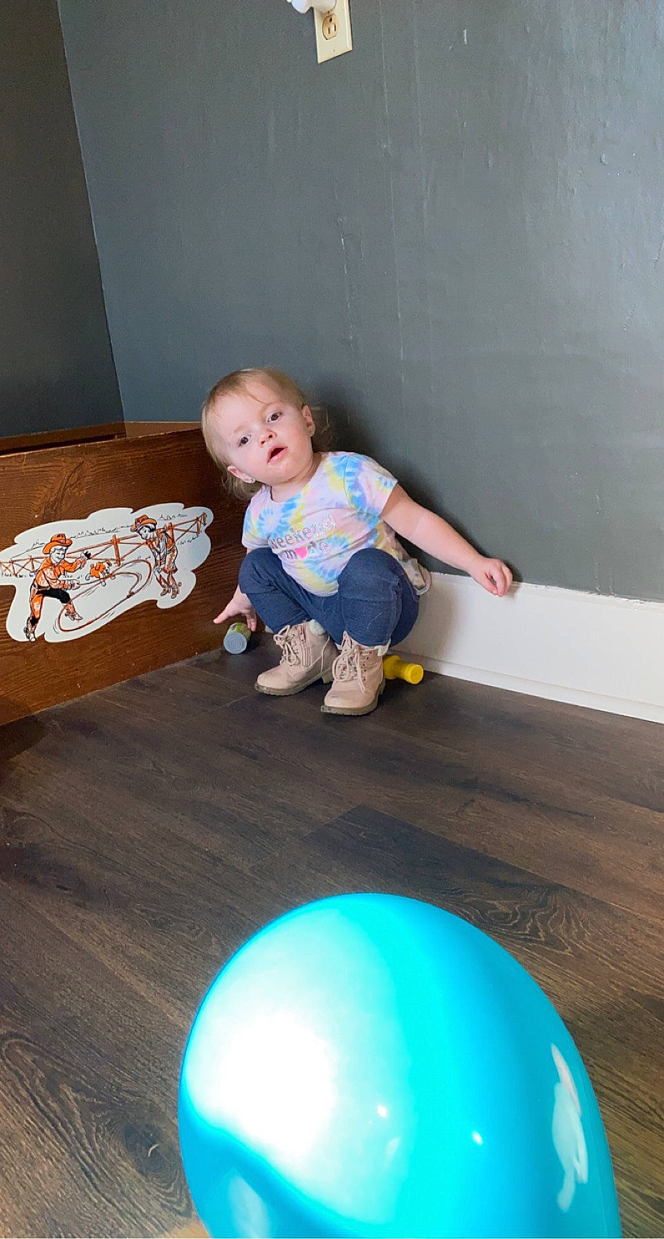 Kinzley joined the competition — help win amazing prizes! baby, baby_toddler_clothing, ball, child, circle, comfort, electric_blue, floor, flooring, fun, hardwood, leisure, party_supply, person, play, room, sitting, t_shirt, toddler, wood