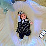 baby, blanket, blue, carpet, child, clothing, elephant, floor, foot, headband, indoor, infant, lying_down, person, polka_dot, smartphone, stuffed_animal, toenail, toy, white