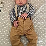 Dominick joined the competition — help win amazing prizes! baby, infant, clothing, suspenders, checkered_shirt, khaki_pants, shoes, patterned_blanket, moon_pattern, lying_down, blue_eyes, curious_expression, cute, child, indoor, portrait, small_hands, casual_wear, fabric, footwear