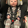 baby, child, car_seat, pajamas, straps, seatbelt, infant, patterned_clothing, indoors, cute, blue_eyes, looking_up, sitting, young_child, car_safety, soft_lighting, head_support, comfort, expression, small_hands