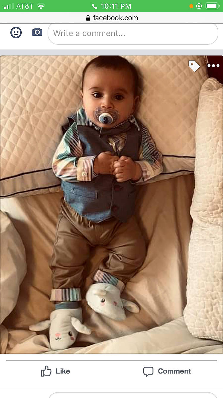 Devin joined the competition — help win amazing prizes! baby, baby_products, baby_toddler_clothing, chair, child, comfort, finger, font, happy, knee, linens, mammal, person, photo_caption, photograph, sitting, skin, sleeve, snapshot, textile