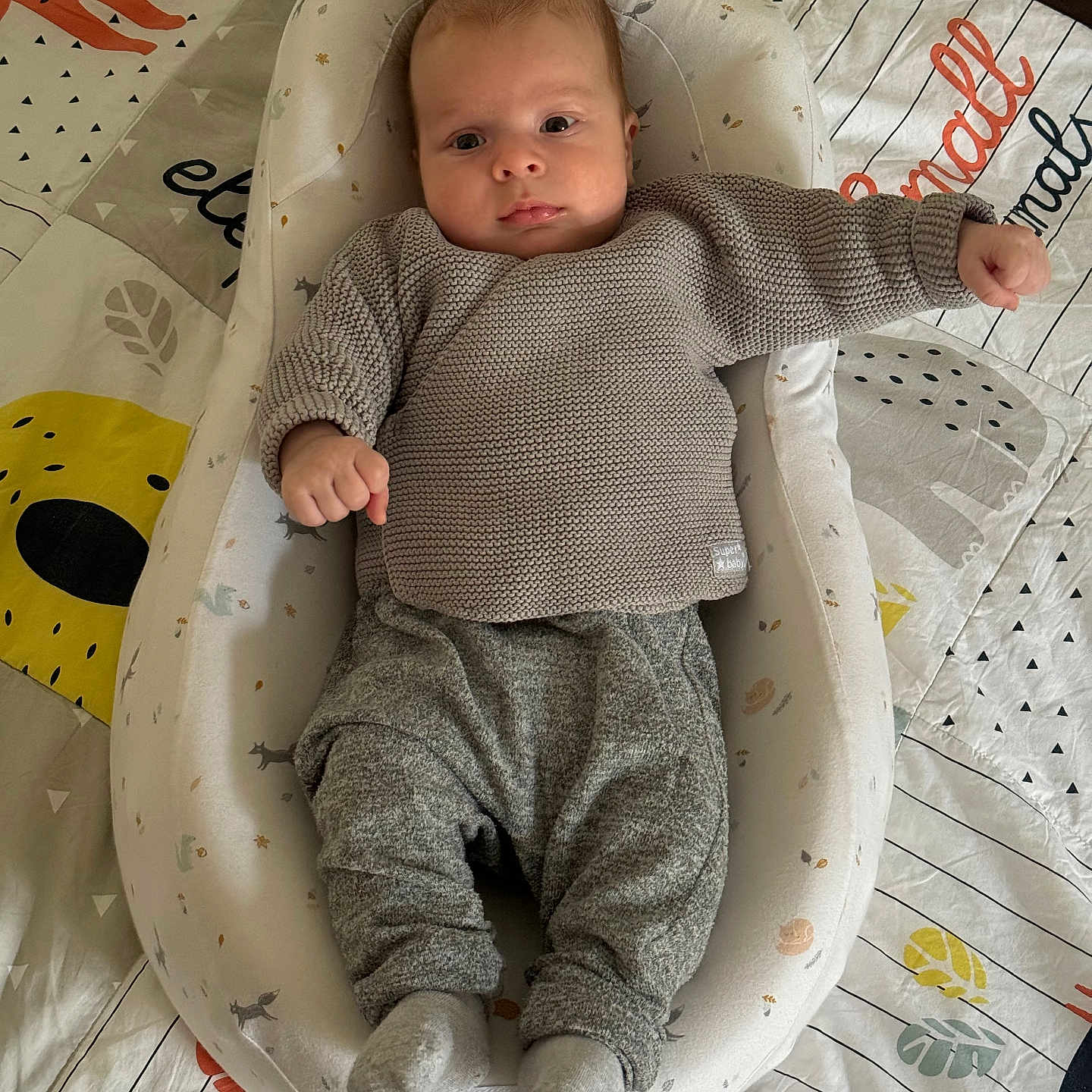 Simon a rejoint le concours — aidez-le/la à gagner de superbes lots ! baby, infant, knitted_sweater, pants, socks, cushion, baby_nest, blanket, patterned_blanket, indoor, lying_down, cute, child, soft_fabric, baby_clothing, resting, newborn, small_hands, face, head