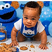 Koa is registered to the contest to win money with this photo: baby, child, infant, crawling, smiling, portrait, cookie_monster, cookies, cookie_jar, crumbs, blue_balloons, balloons, costume, bib, table, indoor, birthday, toys, food, close_up