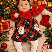 Isabelle participe au concours pour gagner de l'argent avec cette photo : baby, christmas, holiday, festive, dress, santa, carpet, candy_cane, gift_box, stocking, christmas_tree, lights, ornaments, pine_cone, red, green, white, smiling, cute, cozy