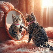 Mia participe au concours pour gagner de l'argent avec cette photo : animal, bed, blanket, cat, cozy, curtains, cute, feline, fur, indoor, mirror, paws, pet, pink_collar, plush, reflection, resting, soft_light, tabby_cat, window_light