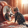 cat, tabby_cat, mirror, reflection, pink_collar, bed, blanket, plush, window_light, cozy, indoor, feline, cute, pet, animal, soft_light, curtains, paws, fur, resting
