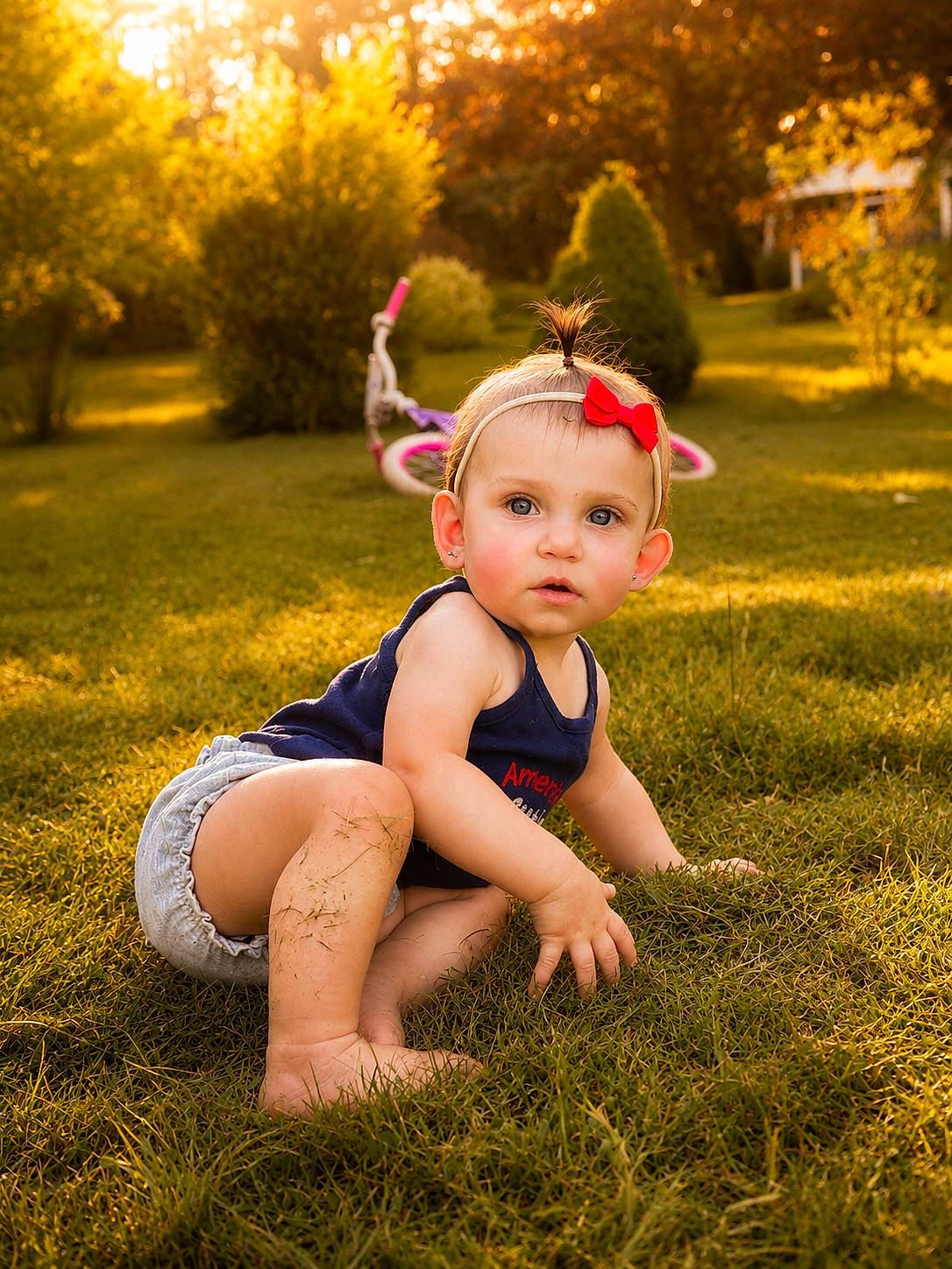 Oakley is registered to the contest to win money with this photo: barefoot, bicycle, blue_top, child, curious, daylight, garden, grass, greenery, headband, nature, outdoor, play, portrait, red_bow, shorts, sitting, summer, sunlight, toddler