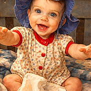 Oakley joined the competition — help win amazing prizes! baby, child, smiling, blue_hat, floral_outfit, red_buttons, blanket, quilt, happy, sitting, indoor, portrait, cute, infant, reaching, clothing, face, headwear, cheerful, baby_boy