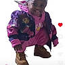 child, smiling, squatting, jacket, boots, headscarf, pink_clothing, purple_jacket, digital_edit, social_media_screenshot, white_background, person, outdoor_shoes, casual_clothing, portrait, young_child, happy, fashion, app_interface, screen_capture