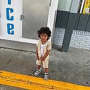 Amari is registered to the contest to win money with this photo: child, curly_hair, striped_clothing, shorts, sneakers, ice_machine, yellow_curb, concrete_floor, outdoor, building, door, metal_panel, standing, person, urban, casual, daylight, sidewalk, storefront, expression