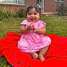 baby, child, infant, smiling, happy, outdoor, grass, lawn, pink_dress, floral_dress, hair_bows, red_blanket, sitting, clapping, portrait, front_yard, brick_house, door, garden, sunlight