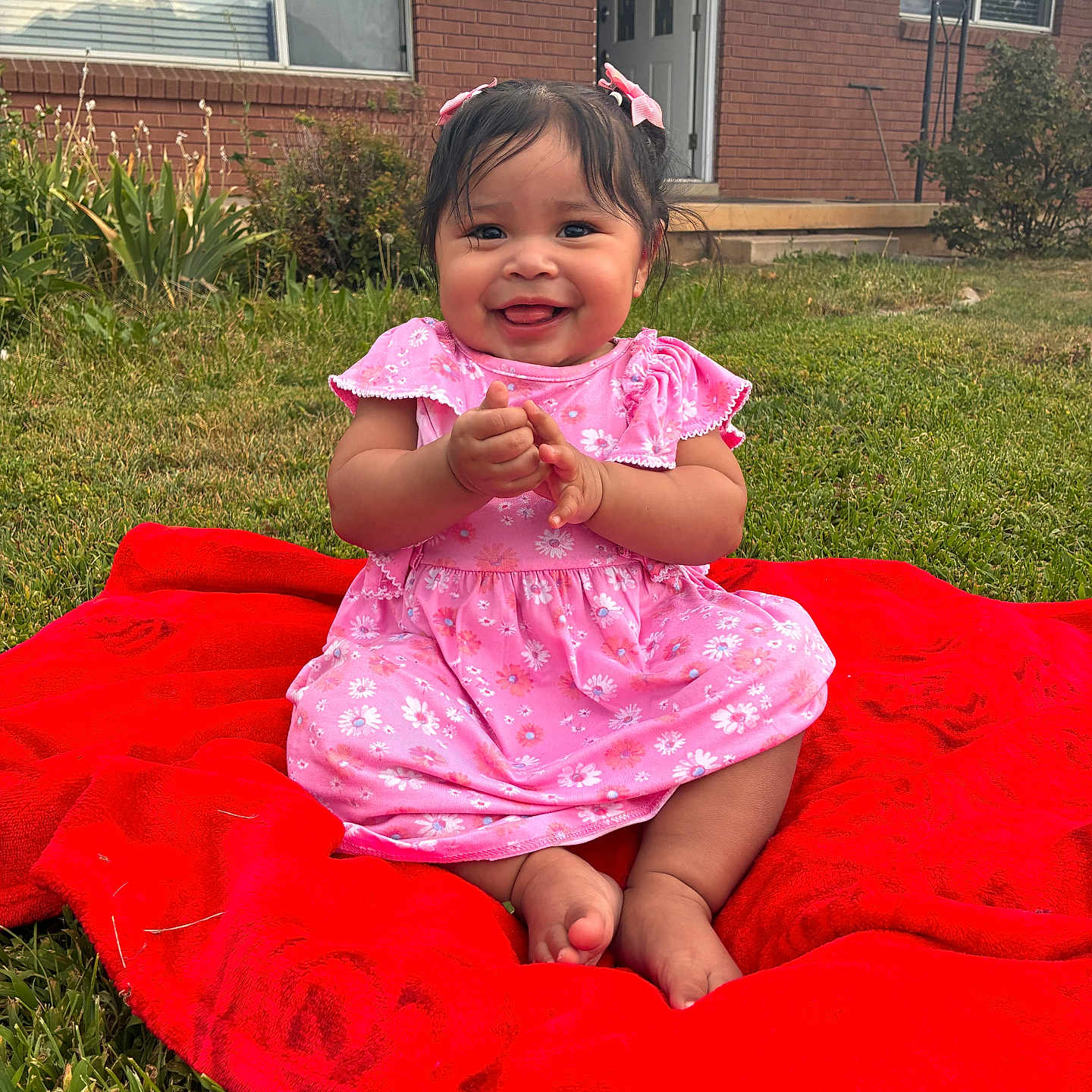 Maritza Sugia Garcia joined the competition — help win amazing prizes! baby, child, infant, smiling, happy, outdoor, grass, lawn, pink_dress, floral_dress, hair_bows, red_blanket, sitting, clapping, portrait, front_yard, brick_house, door, garden, sunlight