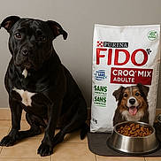 Nouga a rejoint le concours — aidez-le/la à gagner de superbes lots ! Fido, Purina, animal, black_dog, brown_eyes, companion, dog, dog_food, floor_mat, food_bowl, indoor, kibble, pet, pet_food_bag, portrait, sitting, tile_floor, waiting, water_bowl, white_marking