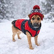 Arthus participe au concours pour gagner de l'argent avec cette photo : animal, canine, cold, cold_weather, cute, dog, forest_background, fur, knit_hat, nature, outdoor, pet, pom_pom, portrait, red_jacket, snow, snowfall, standing, winter, winter_clothing