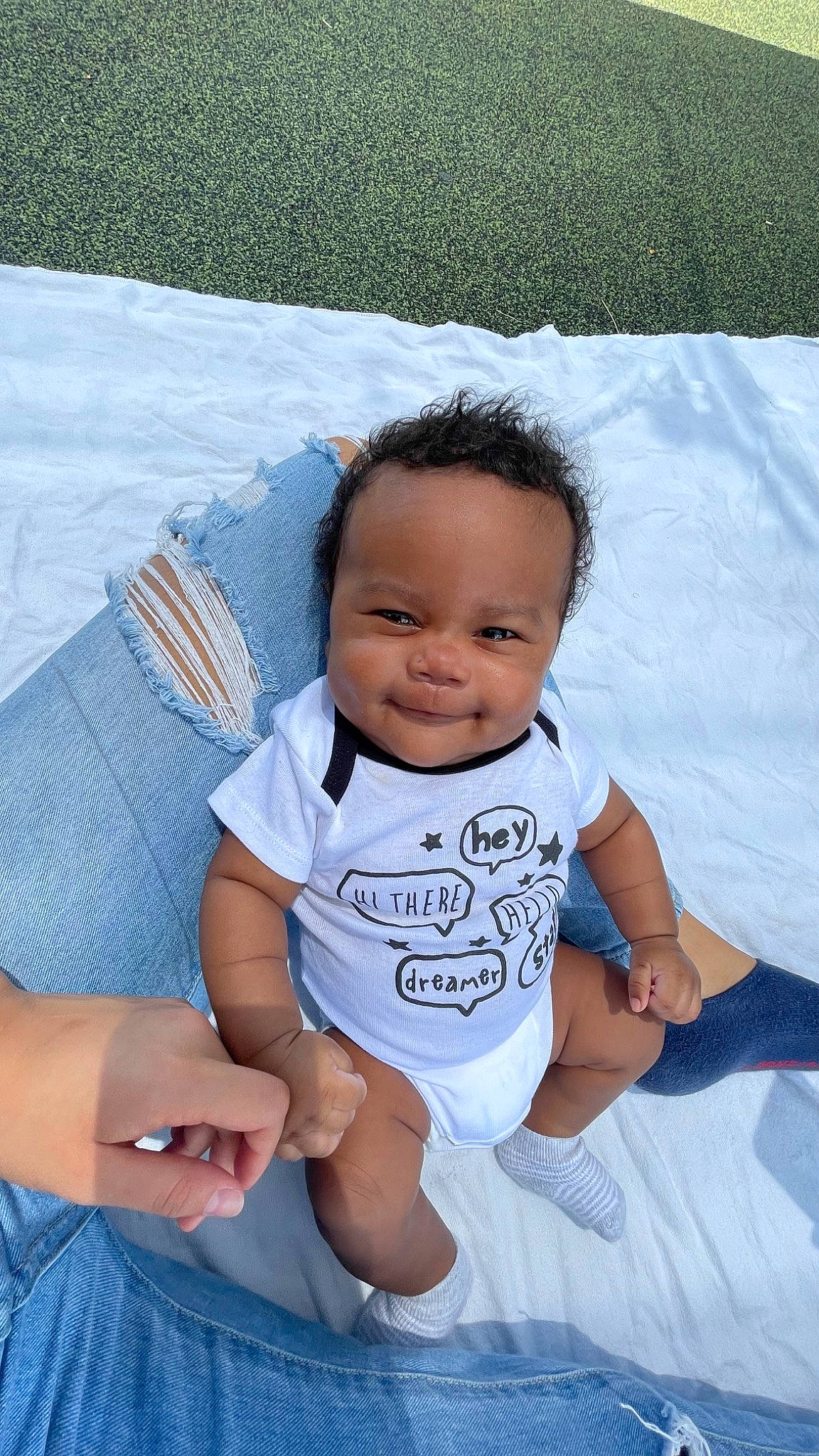 Dex is registered to the contest to win money with this photo: azure, baby, baby_toddler_clothing, cheek, chin, eye, finger, flash_photography, grass, hair, hand, happy, head, human_body, iris, leisure, person, skin, sleeve, smile