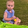 toddler, child, baby, outdoor, lawn, grass, portrait, sitting, curious, face, blue_eyes, gingham, dress, yellow_ball, baseball, blanket, green_blanket, backyard, summer, daylight