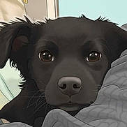 Clementine is registered to the contest to win money with this photo: dog, black_dog, illustration, cartoon, blanket, bed, window, fabric, resting, cute, animal, pet, ears, eyes, snout, fur, indoors, cozy, soft_colors, digital_art