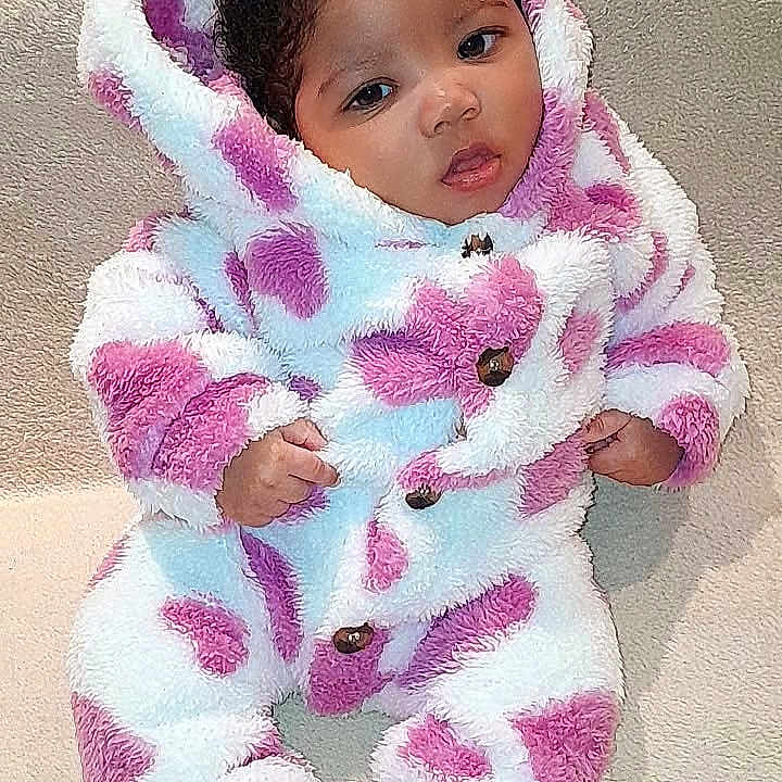 Tahyna a rejoint le concours — aidez-le/la à gagner de superbes lots ! apparel, baby, child, comfort, cozy, curly_hair, cute, face, fluffy_texture, hooded_clothing, indoor, infant, onesie, pink_hearts, portrait, relaxed, seated, socks, soft_blanket, striped_socks