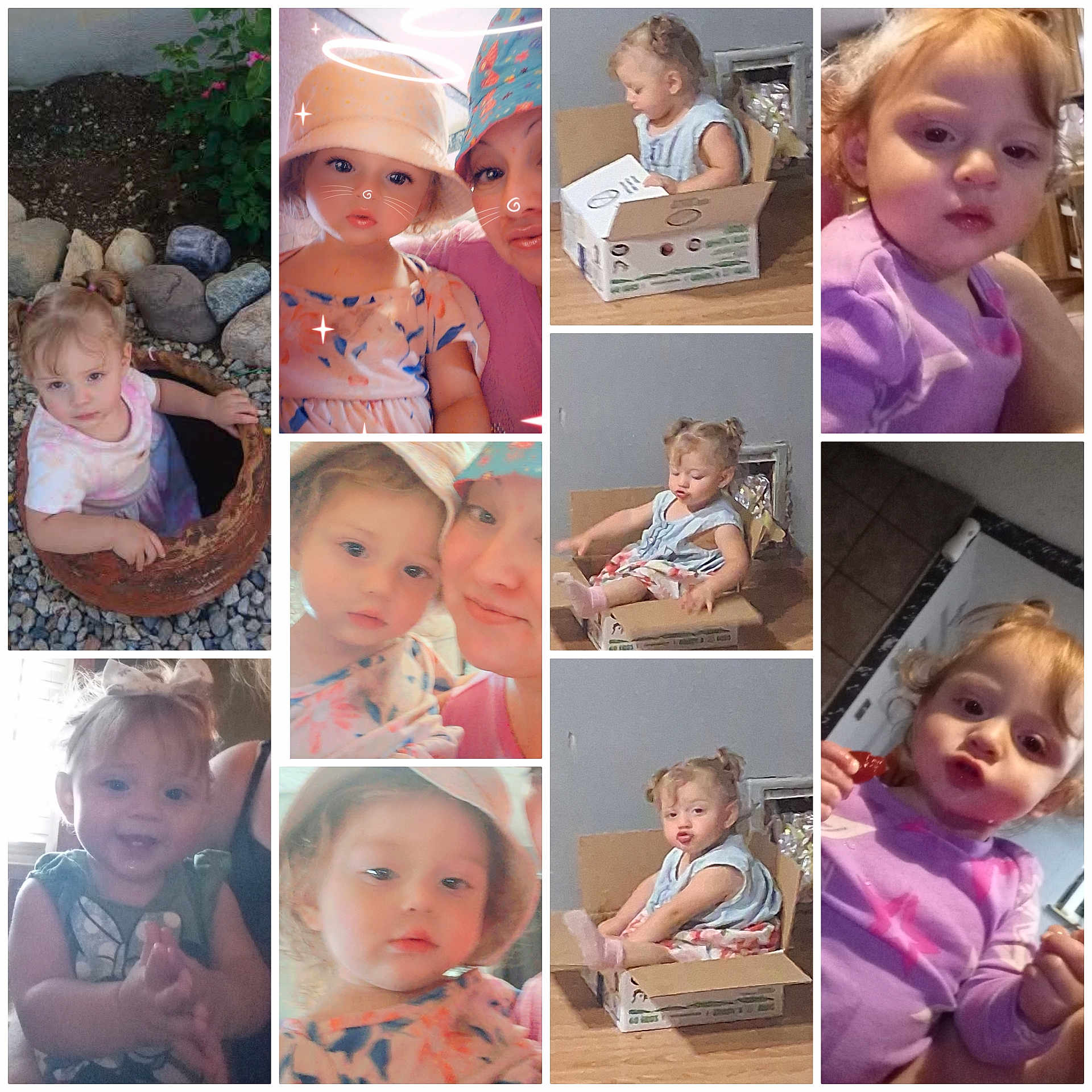 Matalyah is registered to the contest to win money with this photo: toddler, child, girl, cardboard_box, outdoor, indoor, playing, snack, hat, woman, filter, face, expression, curly_hair, clothing, smile, nature, rocks, window, candid