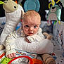 Eli is registered to the contest to win money with this photo: baby, infant, blue_eyes, plush_toy, play_mat, mirror, soft_toys, cute, child, indoors, colorful, hand, face, clothing, expression, looking, lying_down, early_childhood, closeup, toy