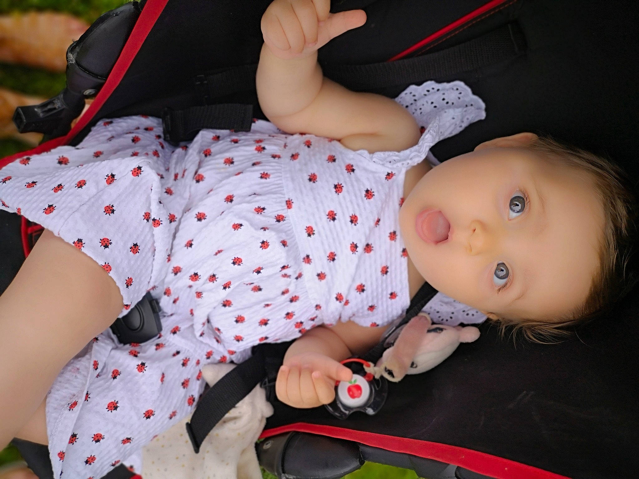 Naomy a rejoint le concours — aidez-le/la à gagner de superbes lots ! baby, baby_products, baby_toddler_clothing, bag, carmine, cheek, child, comfort, fun, grass, lap, luggage_and_bags, mouth, pattern, person, plaid, sitting, skin, sleeve, surprise