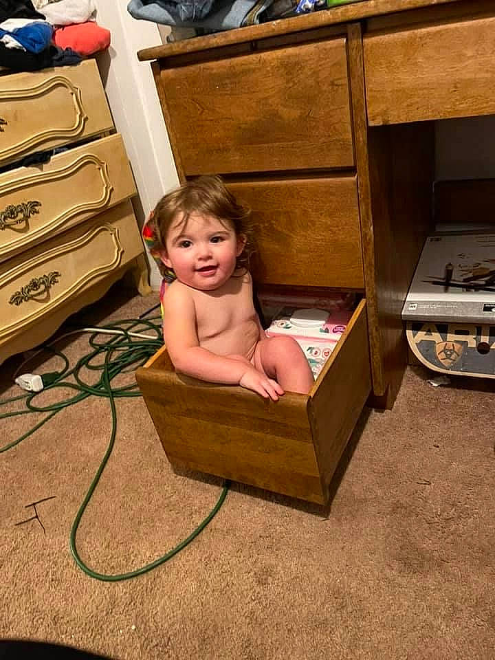 Marilyn joined the competition — help win amazing prizes! baby, baby_products, cabinetry, chest_of_drawers, child, comfort, drawer, floor, flooring, fun, hardwood, kitchen, kitchen_appliance, leg, leisure, person, play, sitting, smile, toddler
