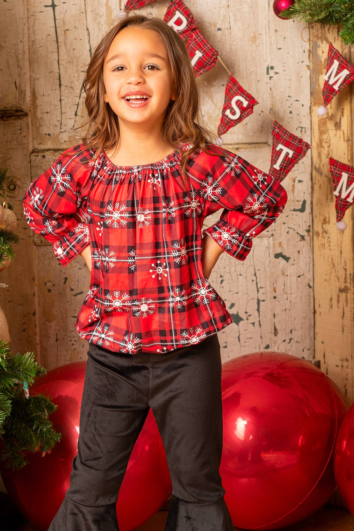 Audree joined the competition — help win amazing prizes! active_pants, balloon, button, carmine, child_model, christmas, flowerpot, holiday, houseplant, joy, party_supply, pattern, person, photo_shoot, plaid, pocket, portrait_photography, red, sleeve, tartan