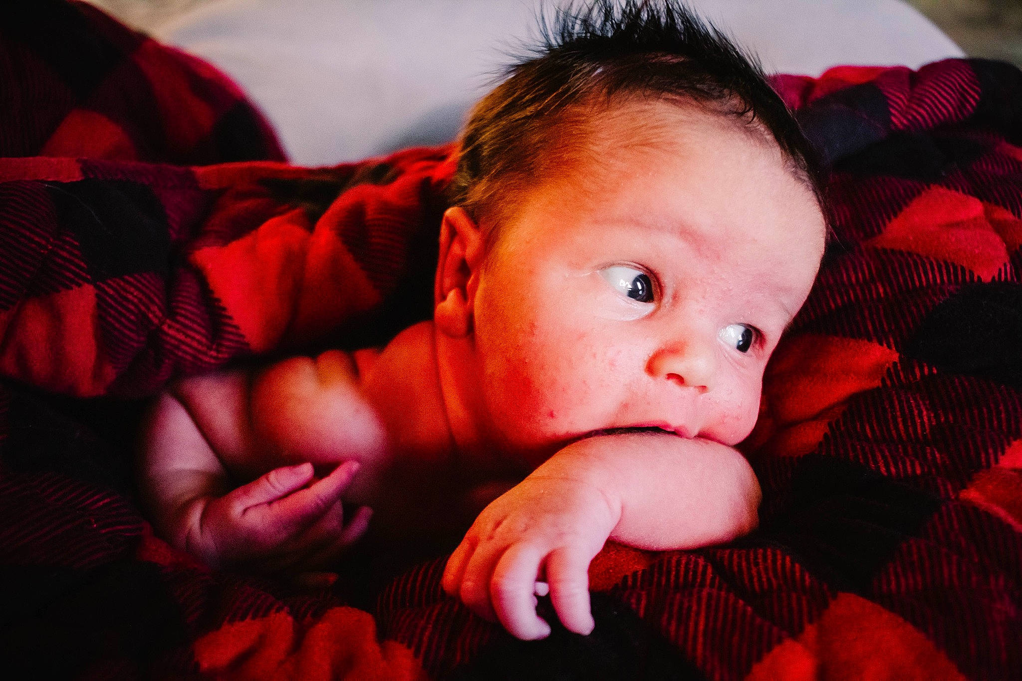 Ryatt joined the competition — help win amazing prizes! baby, baby_toddler_clothing, bedtime, cheek, comfort, eyelash, finger, flesh, linens, lip, nail, person, plaid, portrait_photography, skin, throat, toddler, tummy_time